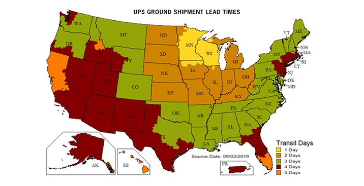 Map of UPS Ground Shipment Lead Times