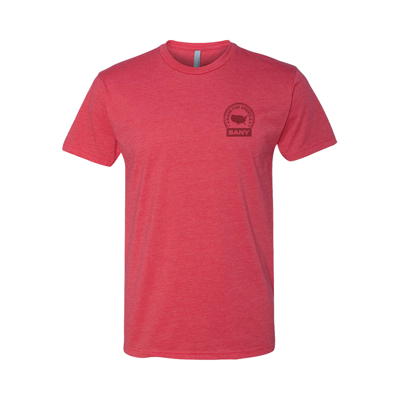 Light-red t-shirt with a small, round, red symbol written “made for america” and SANY underneath.