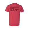 Light-red t-shirt with a small, round, red symbol written “made for america” and SANY underneath.