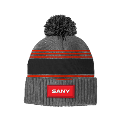 A black knit beanie with a small SANY logo in red on the bottom. There’s a gray pom on the top, and red lines on the top-half part of the beanie.