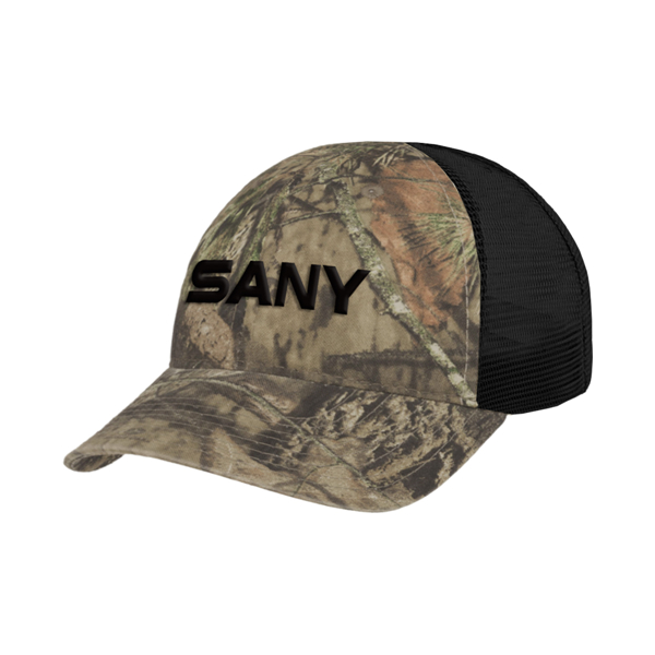 Mossy sports hat with natural image printed on the front, and SANY written in black.