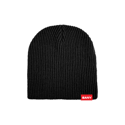 A black knit beanie with a small SANY logo in red on the bottom