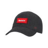 Dark denim sports hat, written SANY in white in a red squared background