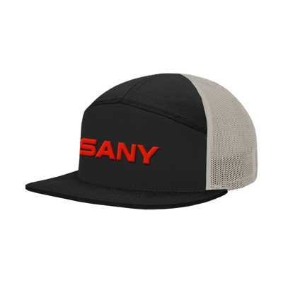 sports hat with black front and white back, written “SANY” in red.