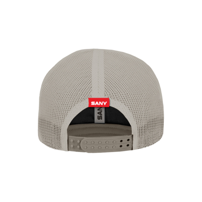 sports hat with black front and white back, written “SANY” in red.