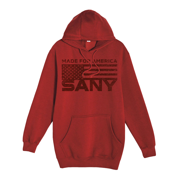 Red hoodie with a darker red text written “made for america”, the american flag and SANY written underneath.
