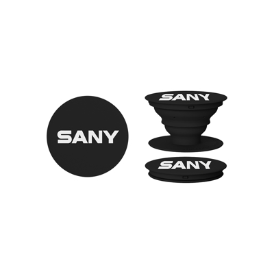 A black pop grip for smartphones, with SANY written in white