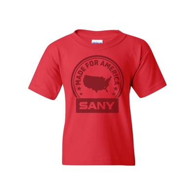 Red t-shirt with a round, red symbol written “made for America”, with SANY written underneath.
