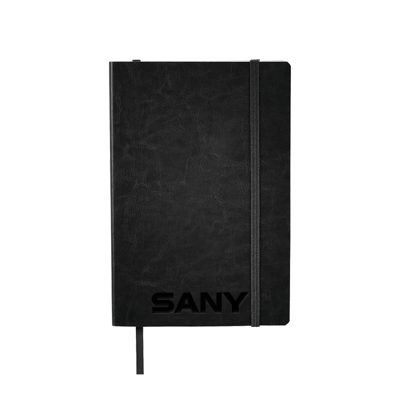 A black journal with SANY written in texture