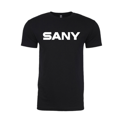 A black shirt with SANY written in white on the middle.