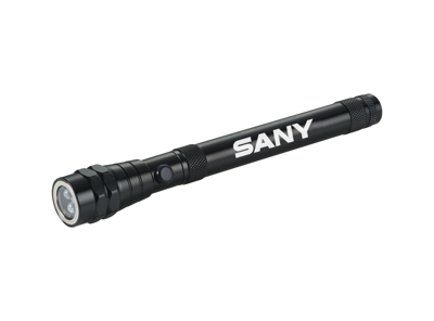 A black flashlight with SANY written in white.