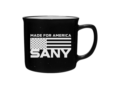 Black coffee mug written MADE FOR AMERICA in white and SANY underneath.