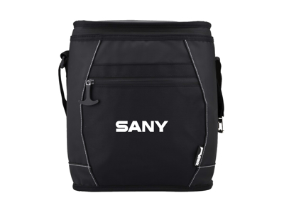 A black beverage cooler with a zipper on the top of one side, and under it written SANY in white.