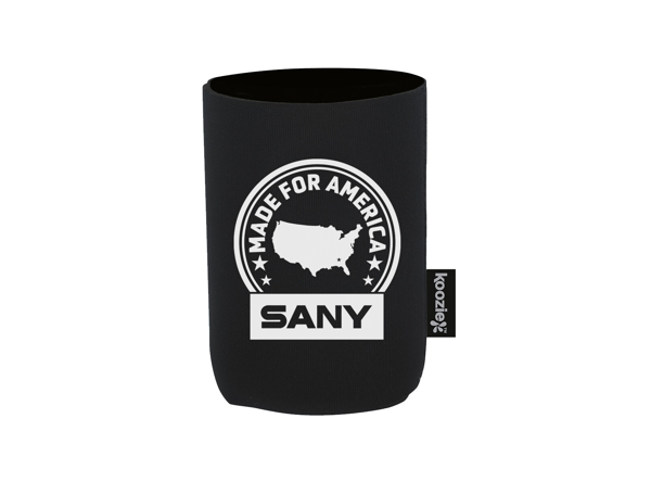 A black koozie, written MADE FOR AMERICA in white and SANY underneath.