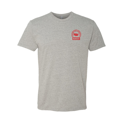Light-gray t-shirt with a small, round, red symbol written “made for america”.