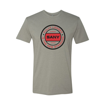 Light-gray t-shirt with a big circle on the middle, and a red stripe on the middle of the circle, written SANY in black.
