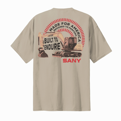 Beige t-shirt with brown SANY written in the middle. The back of the shirt has an image of an excavator written “built to endure”.