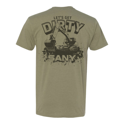 Light-gray t-shirt with dark-gray SANY written in the middle. The back of the shirt has an image of an excavator written “let’s get dirty”.	