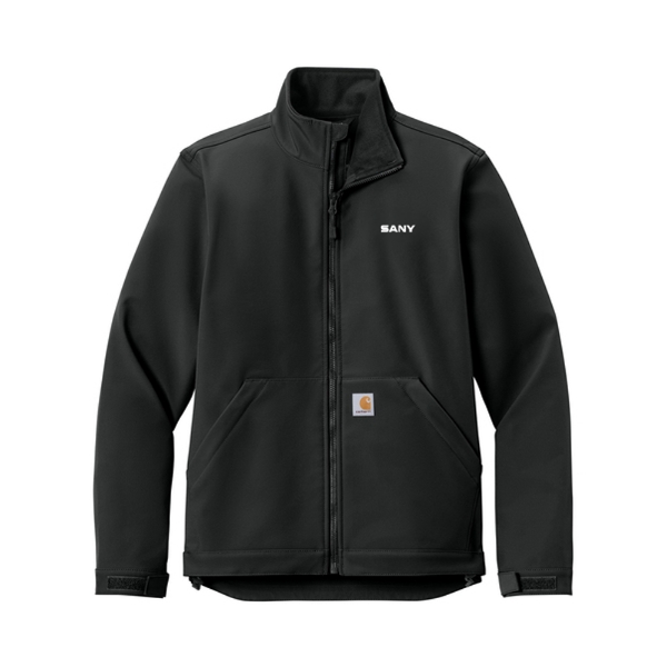 Black Carhartt soft shell jacket with zip front, high collar, SANY logo on chest, and Carhartt patch on pocket.