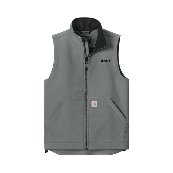 Gray Carhartt soft shell vest with zip front, SANY logo on chest, and Carhartt patch on pocket.