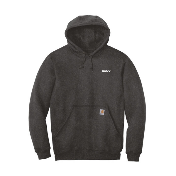 Dark gray Carhartt hooded sweatshirt with front pocket, SANY logo on chest, and Carhartt patch on pocket.