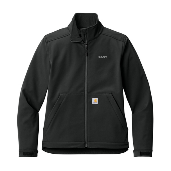 Black Carhartt women’s soft shell jacket with zip front, SANY logo on chest, and Carhartt patch on pocket.