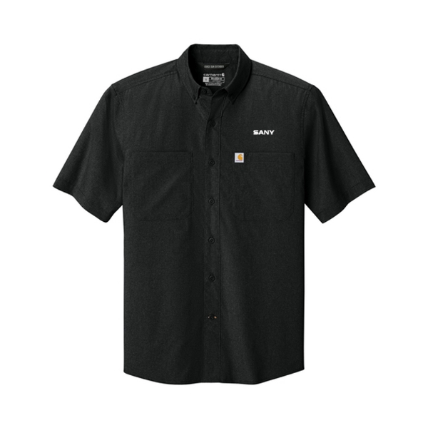 Black Carhartt short-sleeve work shirt with button front, SANY logo on chest, and Carhartt tag on pocket.