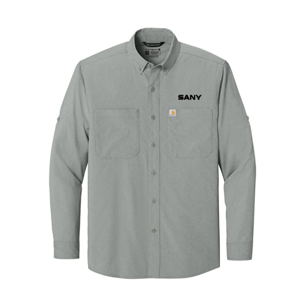 Steel Carhartt long sleeve work shirt with button front, SANY logo on chest, and Carhartt patch above pocket.