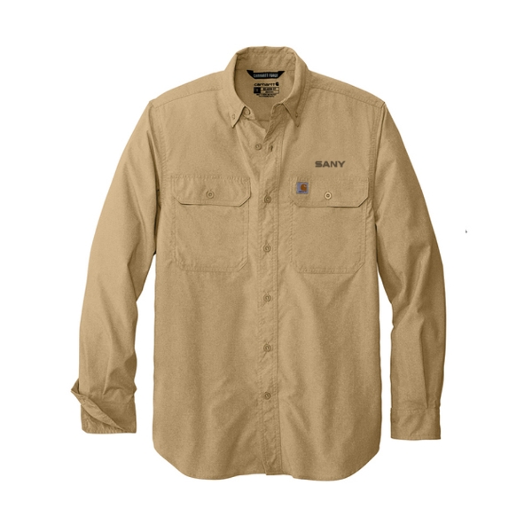 Tan Carhartt long sleeve button-up shirt with chest pockets, SANY logo on left chest, and Carhartt patch on right pocket.