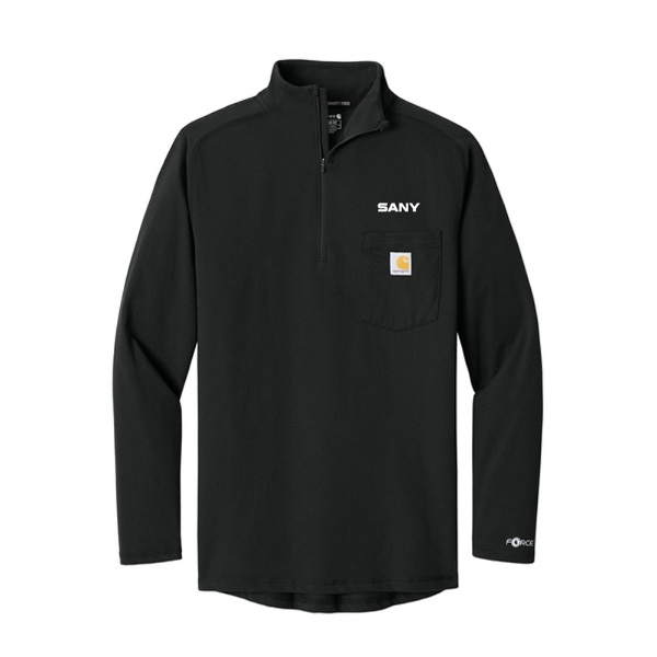 Black Carhartt long sleeve quarter-zip shirt with chest pocket, SANY logo on chest, and Force branding on sleeve.