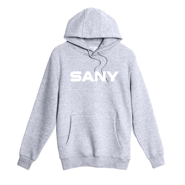 Grey pullover hoodie with front pocket and bold white SANY logo across the chest.