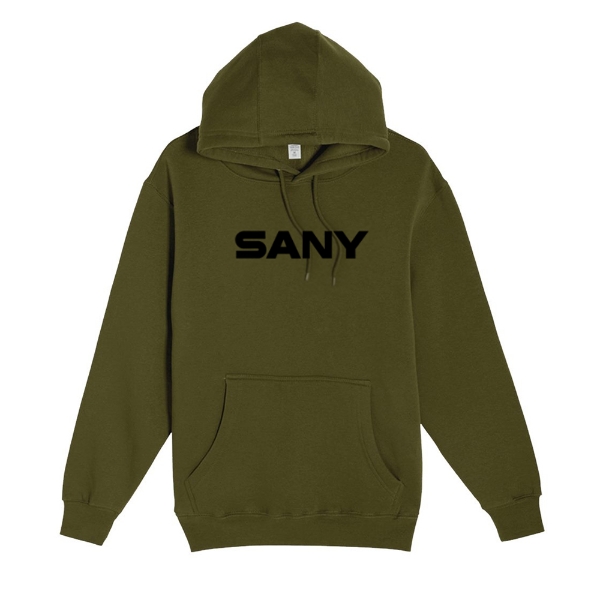 Military Green pullover hoodie with front pocket and bold white SANY logo across the chest.