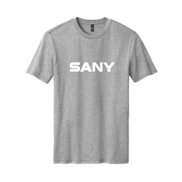 Grey short-sleeve t-shirt with bold white SANY logo printed across the chest.