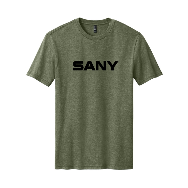Olive short-sleeve t-shirt with bold white SANY logo printed across the chest.