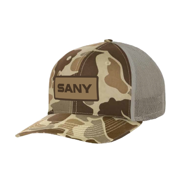 Camo-patterned trucker hat with mesh back and bold SANY patch on structured front panel.