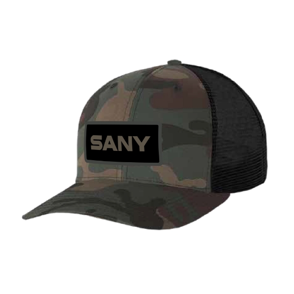 Green camo trucker hat with black mesh back and black SANY patch on front panel.