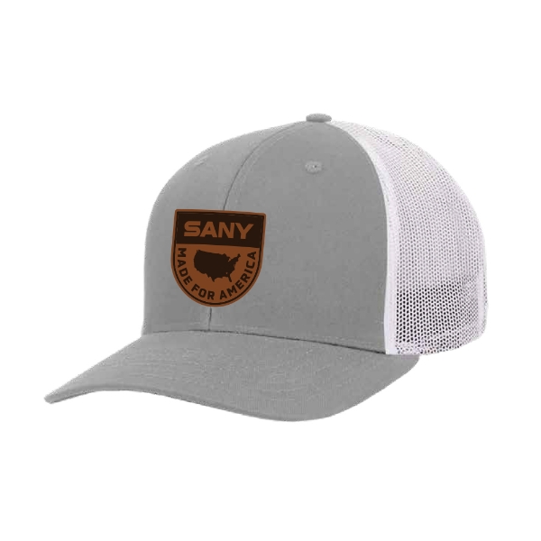 Gray and white trucker hat with custom leather SANY patch reading “Made for America” on front panel.