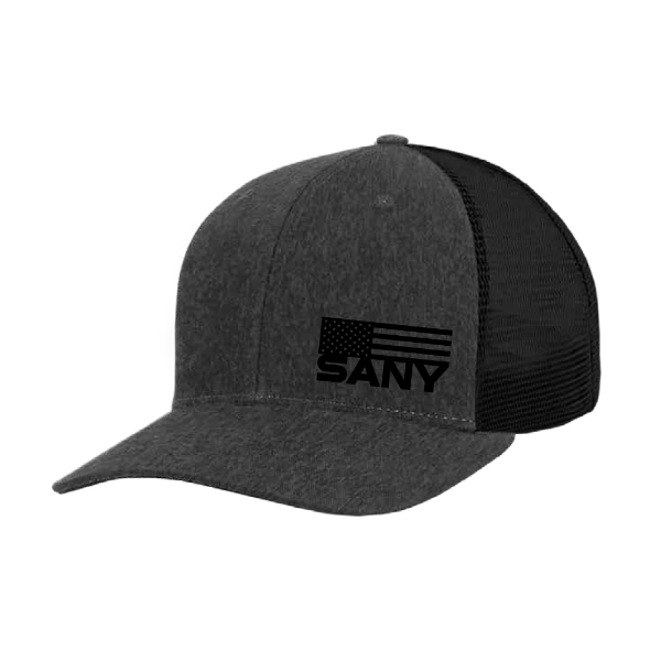 Dark gray and black trucker hat with stylized black American flag and bold SANY logo on front panel.
