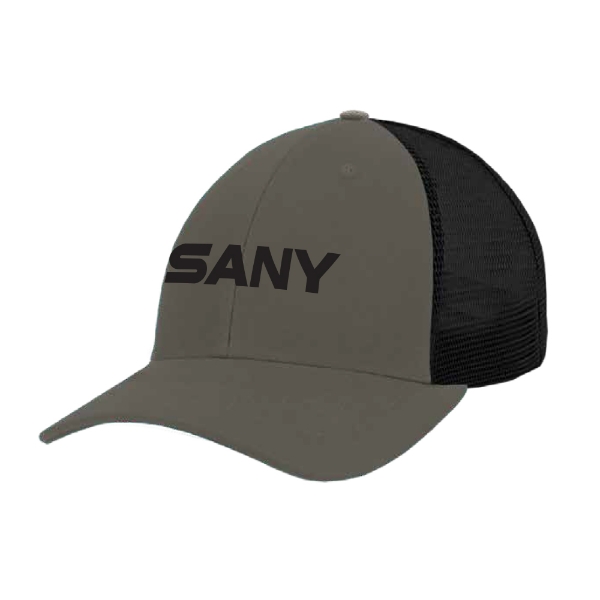 Dark gray and black trucker hat with black SANY logo printed across the front panel.