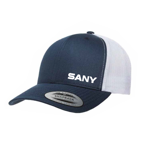 Navy and white trucker hat with bold white SANY logo on front panel and curved brim.