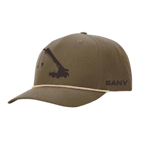 Brown performance cap with crane graphic on front panel, SANY logo on side, and beige brim trim.