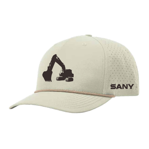 Performance bucket hat with wide brim, ventilated side panels, and bold SANY logo on front.