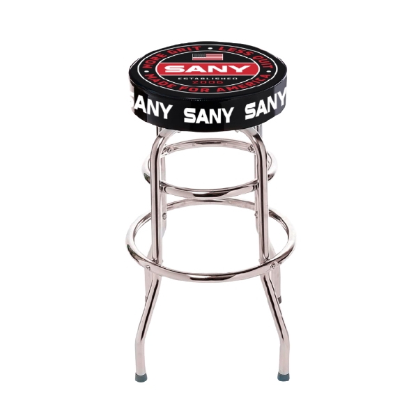 SANY-branded counter stool with round cushioned seat, chrome legs, and bold “MORE GRIT • LESS QUIT” graphics.
