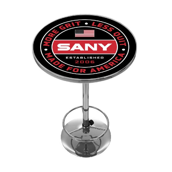 SANY-branded pub table with chrome base and round tabletop featuring American flag and bold messaging.