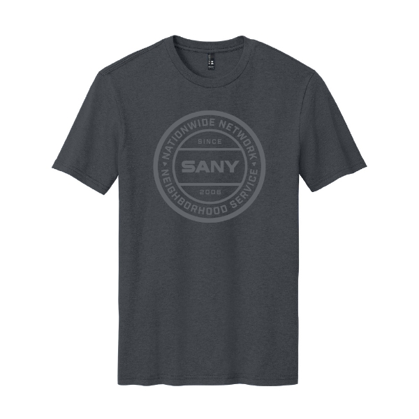 Charcoal SANY Nation t‑shirt featuring a tonal circular SANY logo on the front