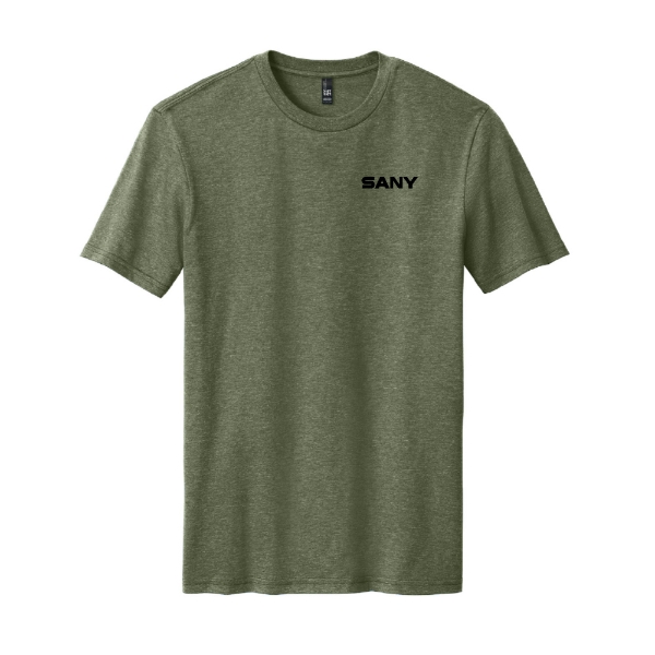 Heathered olive SANY Dirt Machine t‑shirt with small black SANY logo on front chest