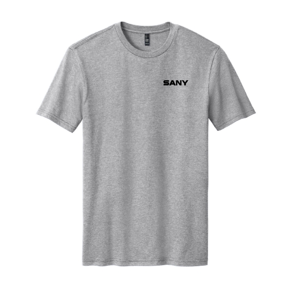 Light heather gray SANY Pick Carry Lift t‑shirt with small black SANY logo on front chest