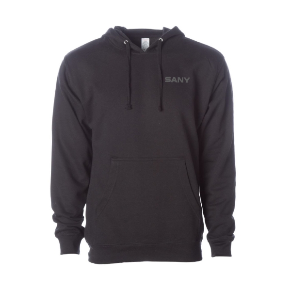 Black SANY Dirt Machine pullover hoodie with small tonal SANY logo on the front chest