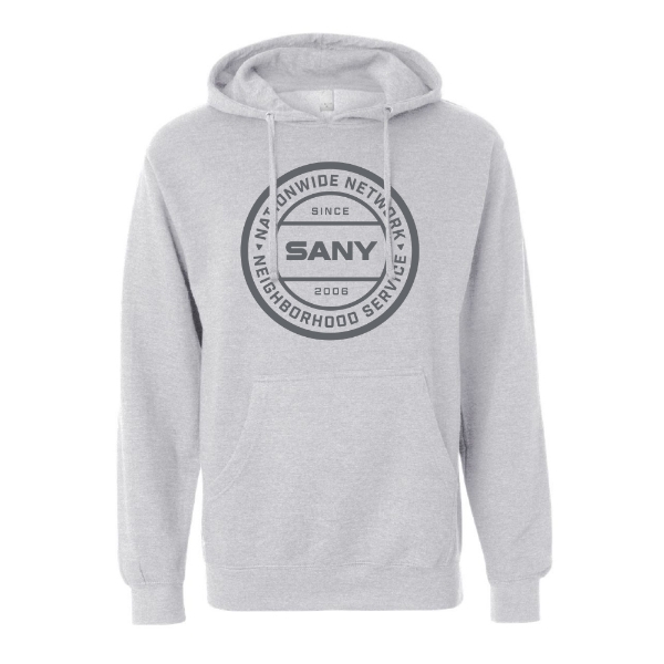 Light heather gray SANY Nation pullover hoodie with large circular SANY Nationwide Network graphic on the front