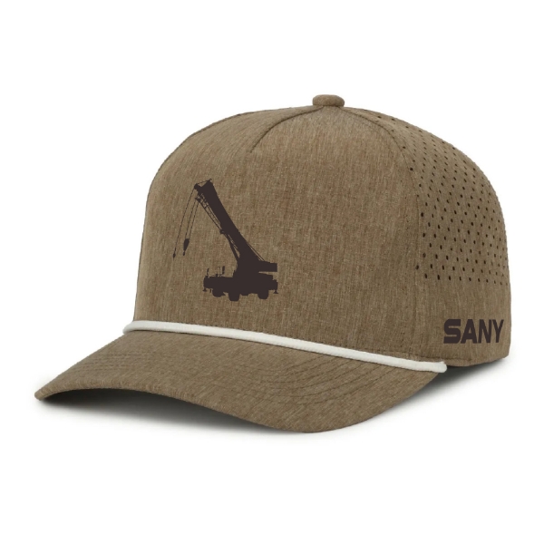 Brown performance cap with crane graphic on front panel, SANY logo on side, and beige brim trim.
